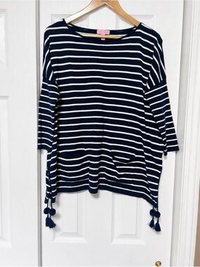 Lilly Pulitzer Elba Striped Tassel Poncho Sweater Navy White S